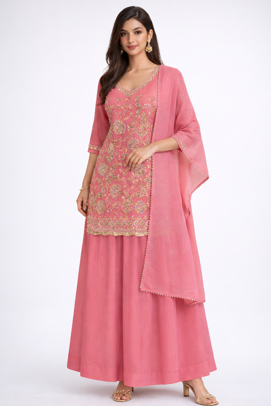 Blush Pink Hand-Embroidered Festive Kurta Lehenga Set