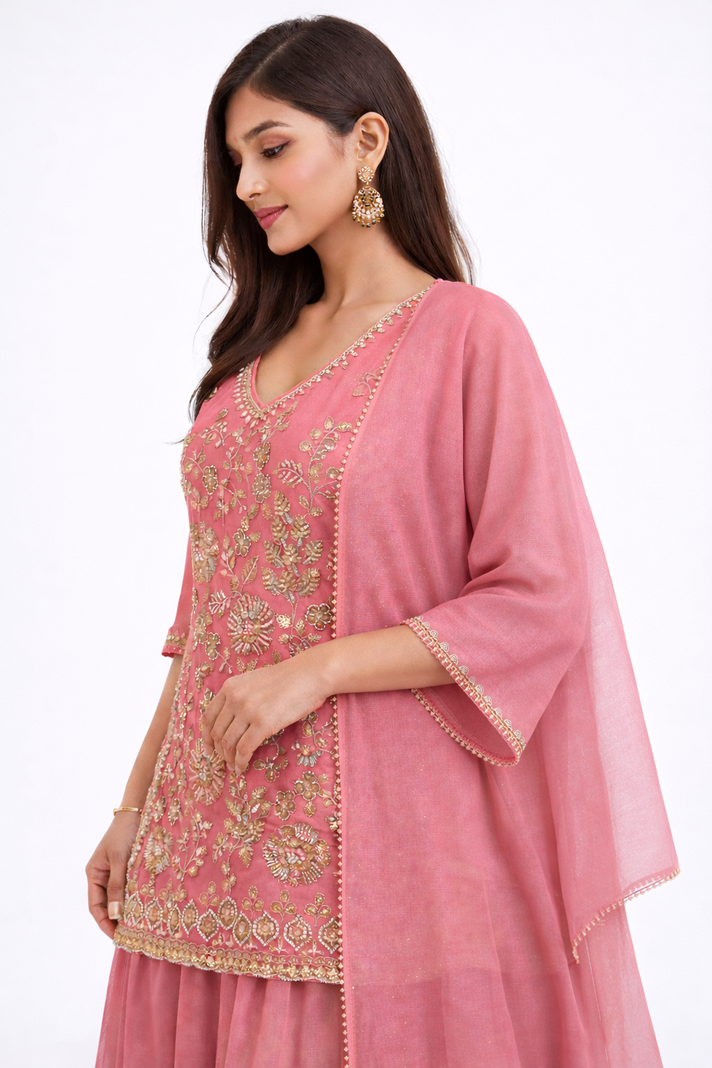 Blush Pink Hand-Embroidered Festive Kurta Lehenga Set