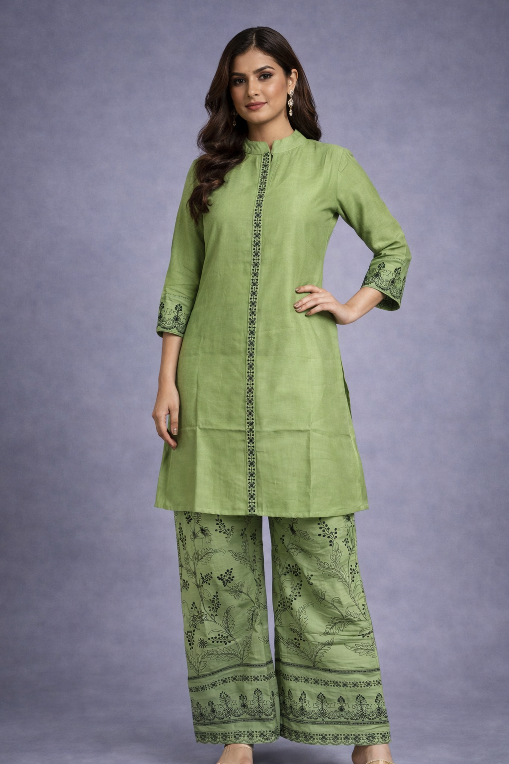 Green Pista Color Embroidery Co-rd Set
