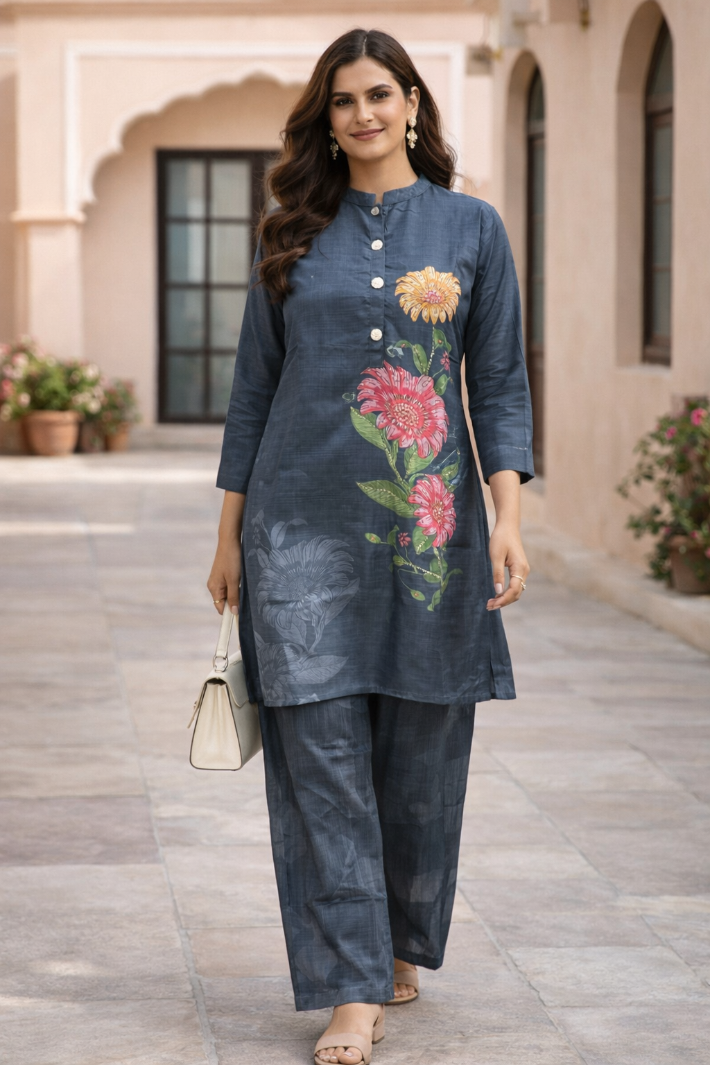 Charcoal Grey Floral Print Cord Set