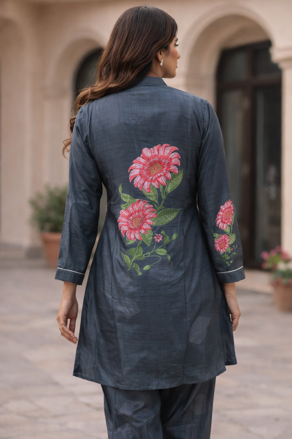 Charcoal Grey Floral Print Cord Set