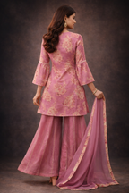 Peach Soft Kora Digital Flower Print Short Top Plazo