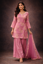 Peach Soft Kora Digital Flower Print Short Top Plazo