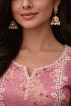 Peach Soft Kora Digital Flower Print Short Top Plazo