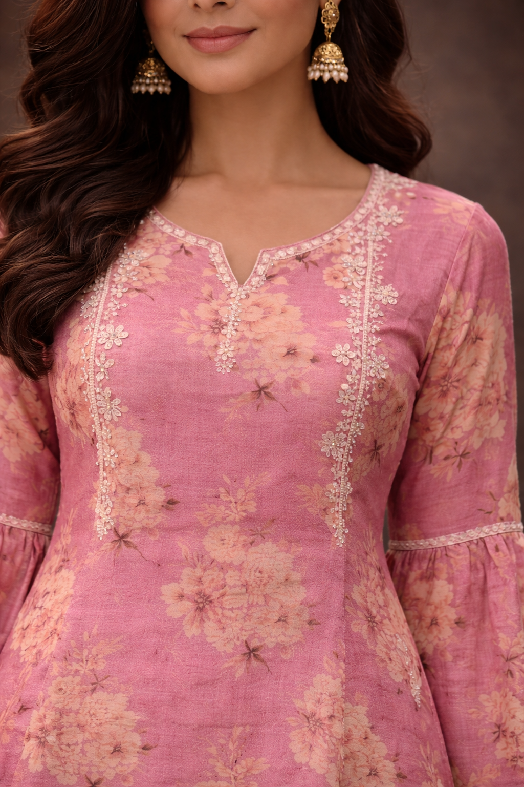 Peach Soft Kora Digital Flower Print Short Top Plazo