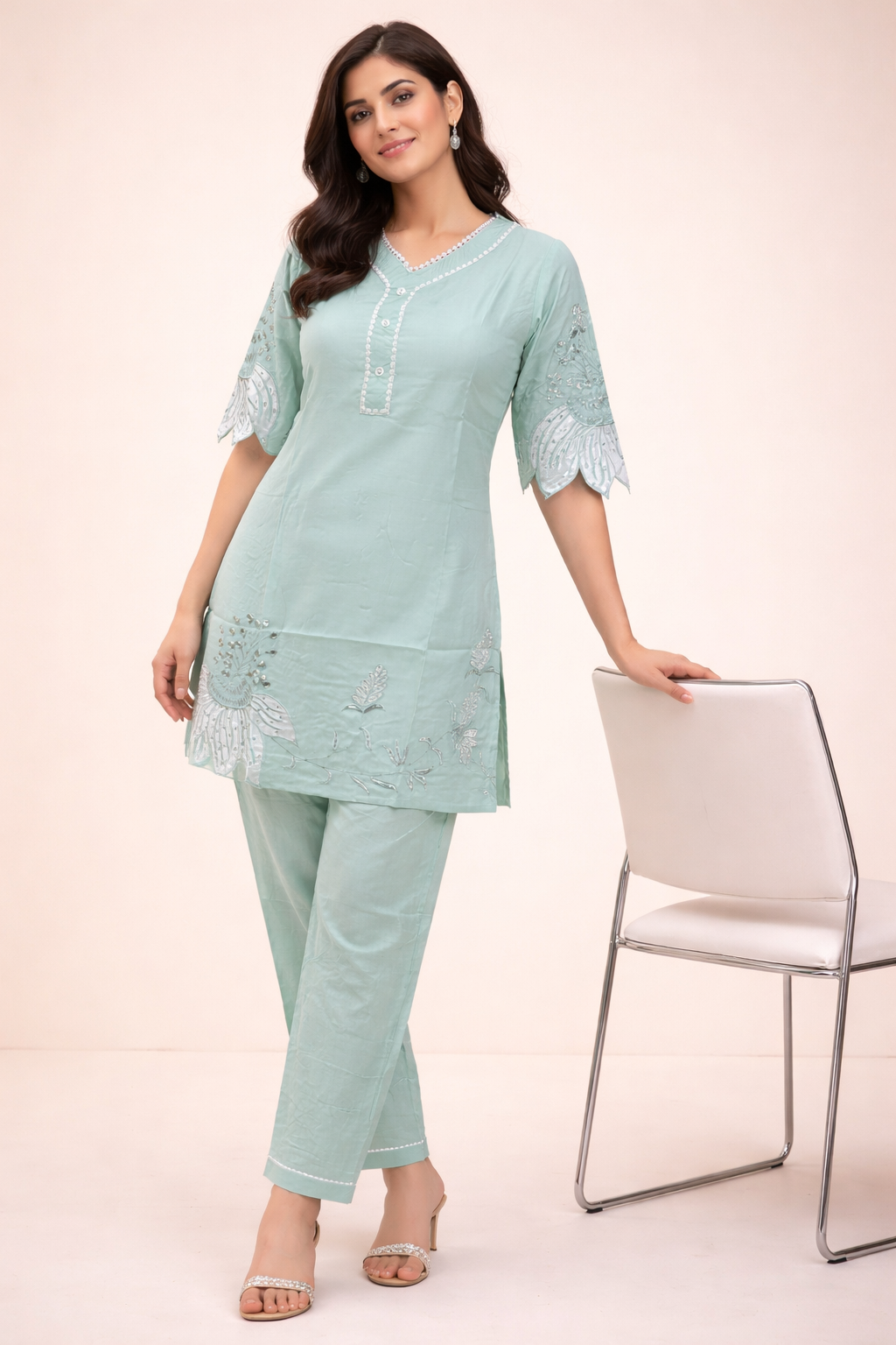 Aqua Pearl Bloom Ensemble Embroidery Co-ord Set
