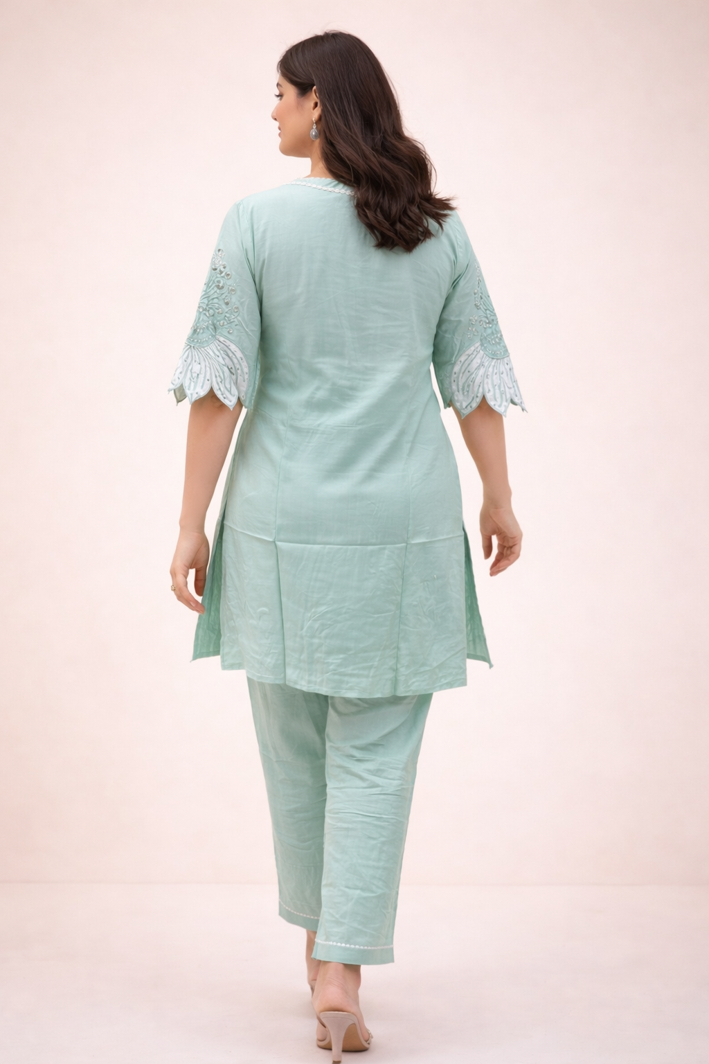 Aqua Pearl Bloom Ensemble Embroidery Co-ord Set