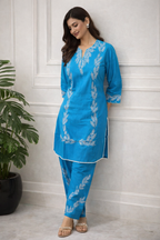 Blue Color Leaf Embroidery Co-ord Set