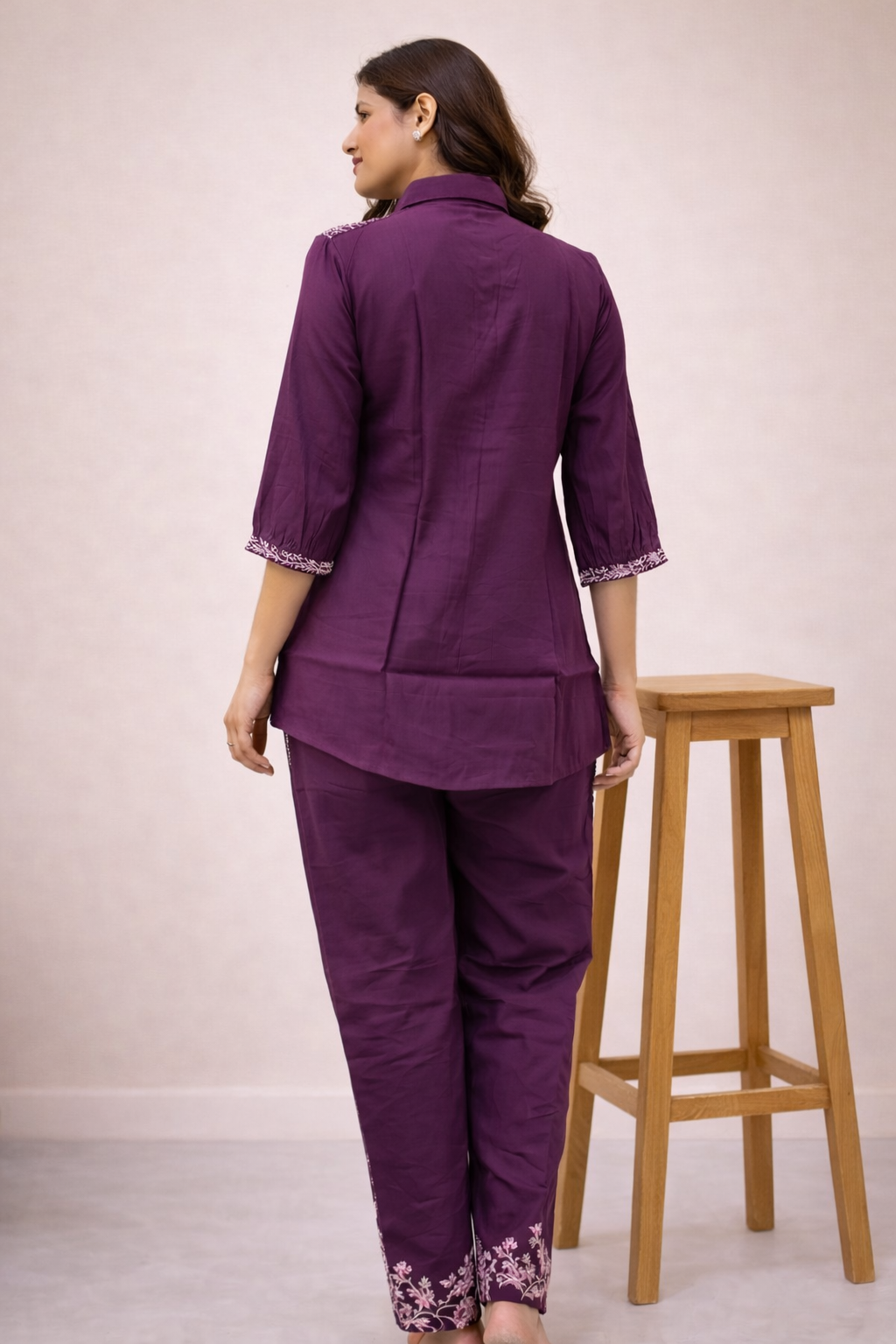 Purple with Straight Floral Minimalist Embroidery Co-ord Set