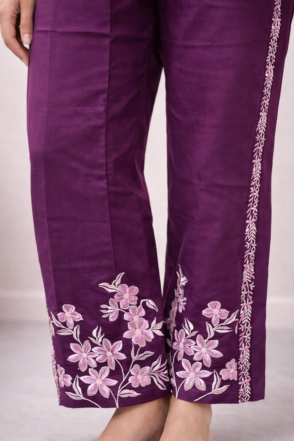 Purple with Straight Floral Minimalist Embroidery Co-ord Set