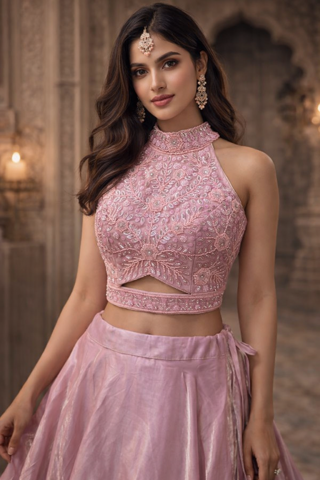 Blush Gold Sheen Hand-Embroidered With Designer Choli Lehenga