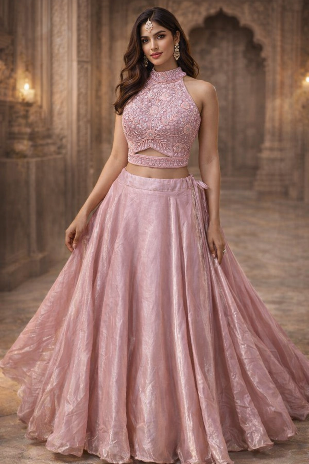 Blush Gold Sheen Hand-Embroidered With Designer Choli Lehenga