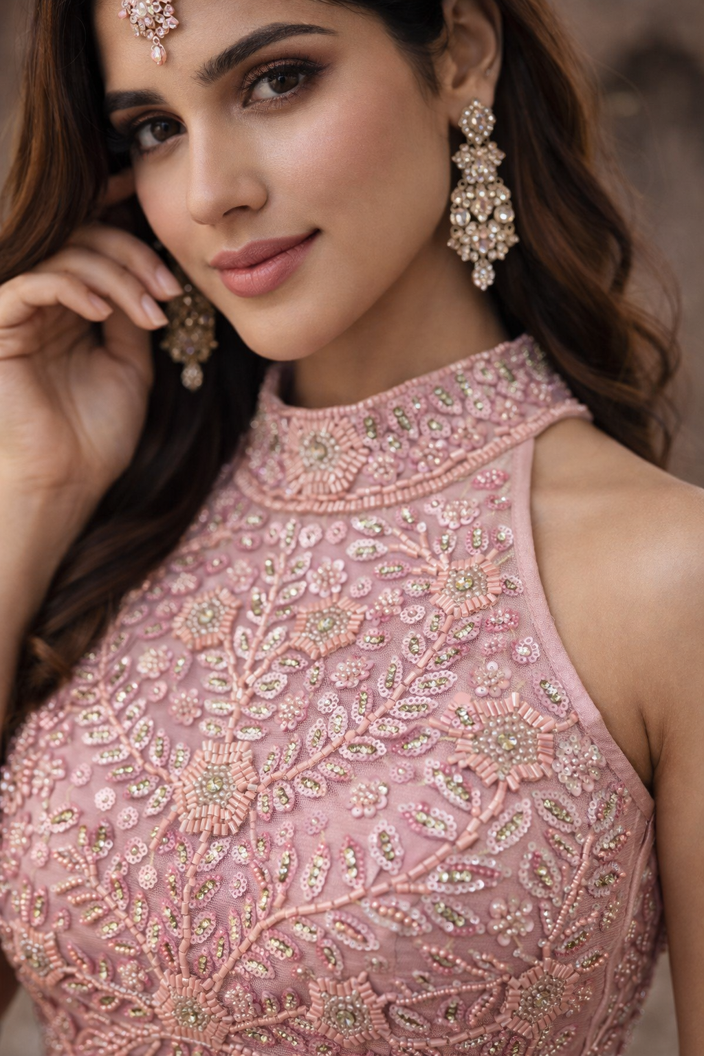 Blush Gold Sheen Hand-Embroidered With Designer Choli Lehenga