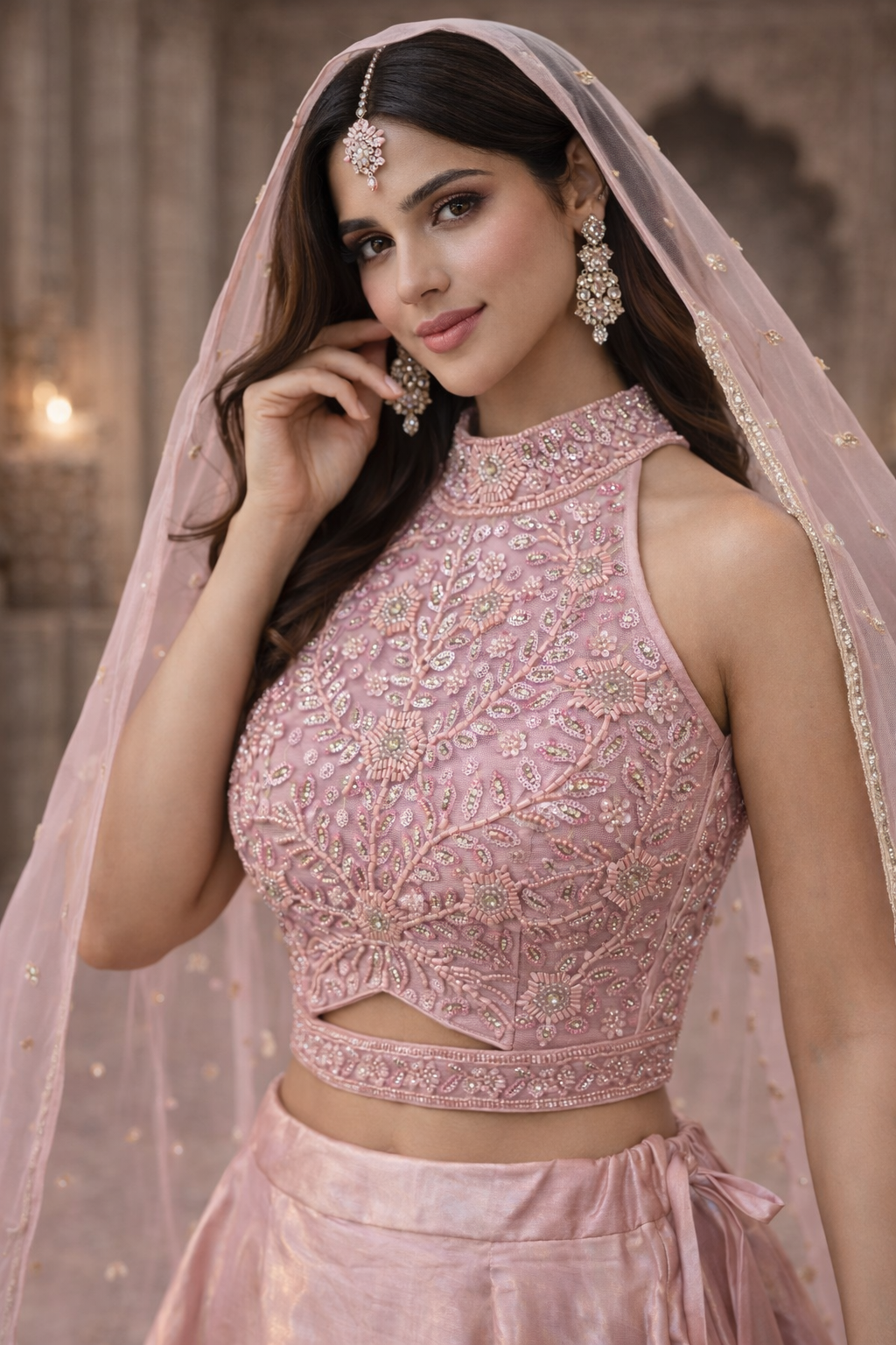 Blush Gold Sheen Hand-Embroidered With Designer Choli Lehenga