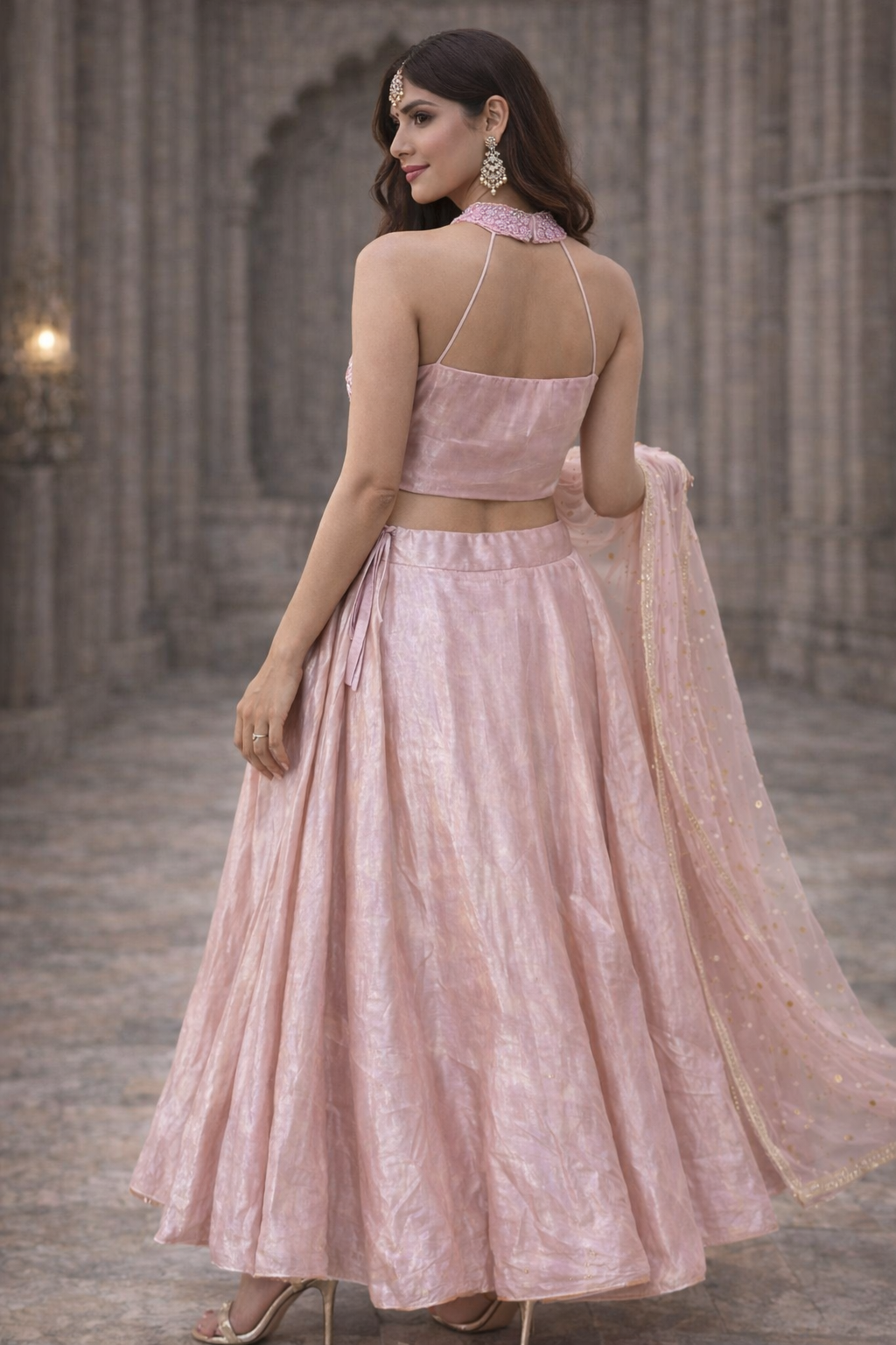 Blush Gold Sheen Hand-Embroidered With Designer Choli Lehenga