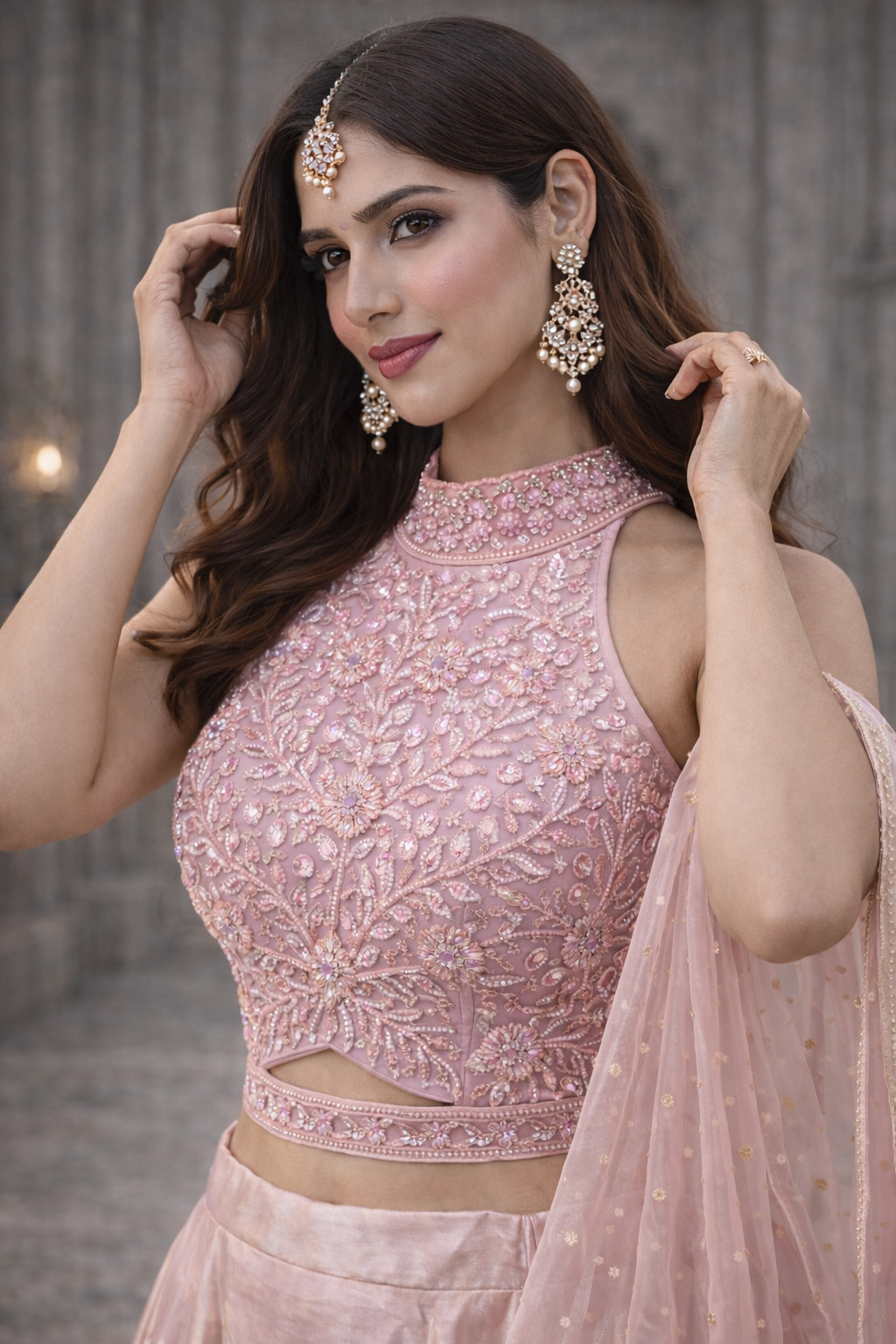 Blush Gold Sheen Hand-Embroidered With Designer Choli Lehenga