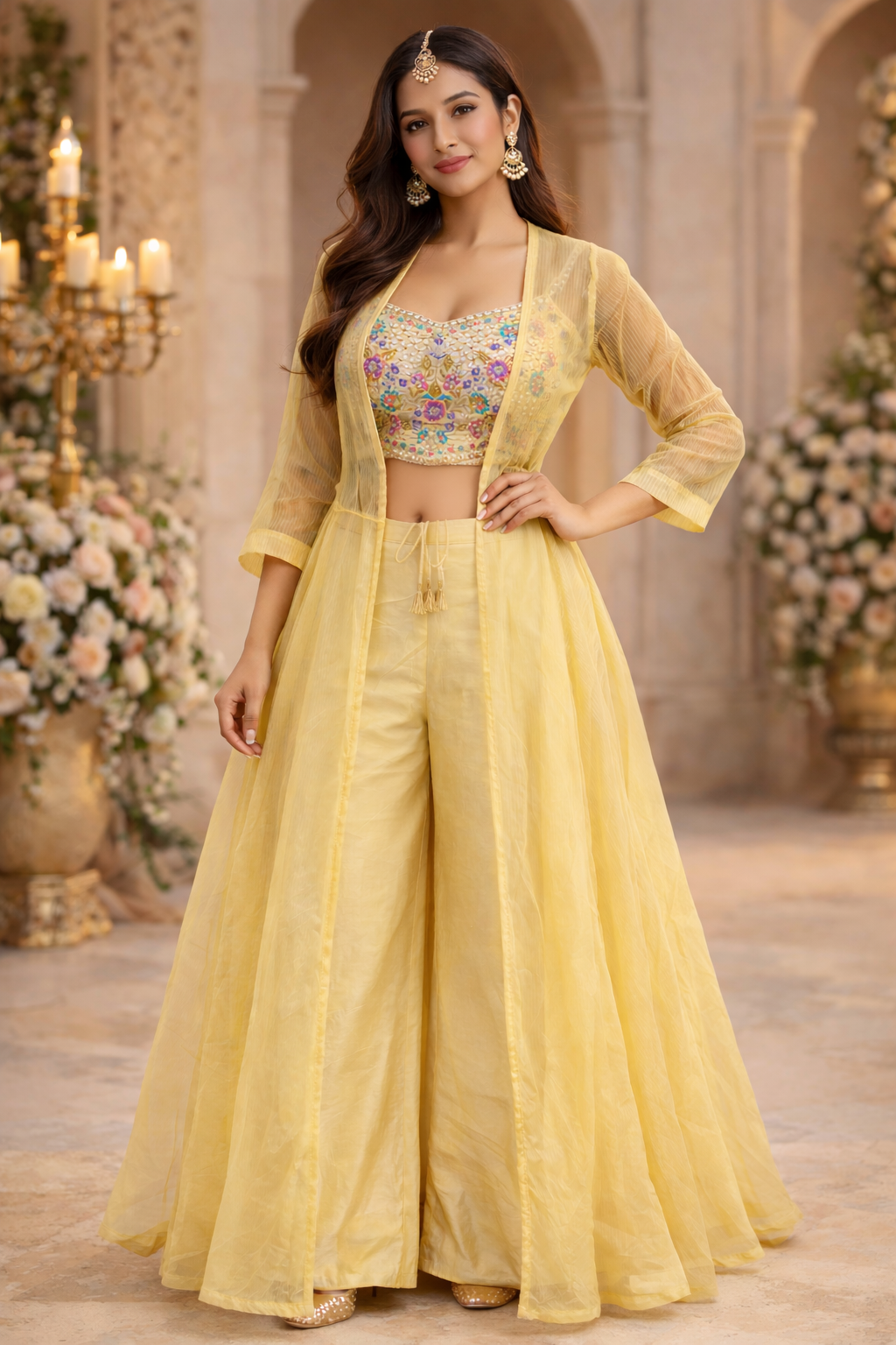 Light Yellow georget with tissue jacket with menaul work cholli with Plazo