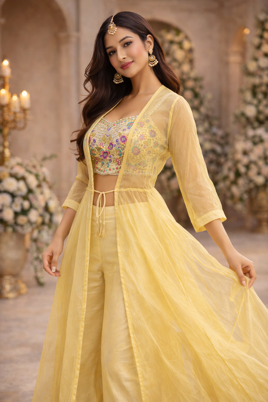 Light Yellow georget with tissue jacket with menaul work cholli with Plazo