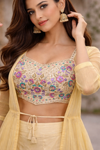 Light Yellow georget with tissue jacket with menaul work cholli with Plazo