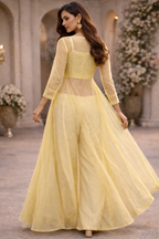 Light Yellow georget with tissue jacket with menaul work cholli with Plazo