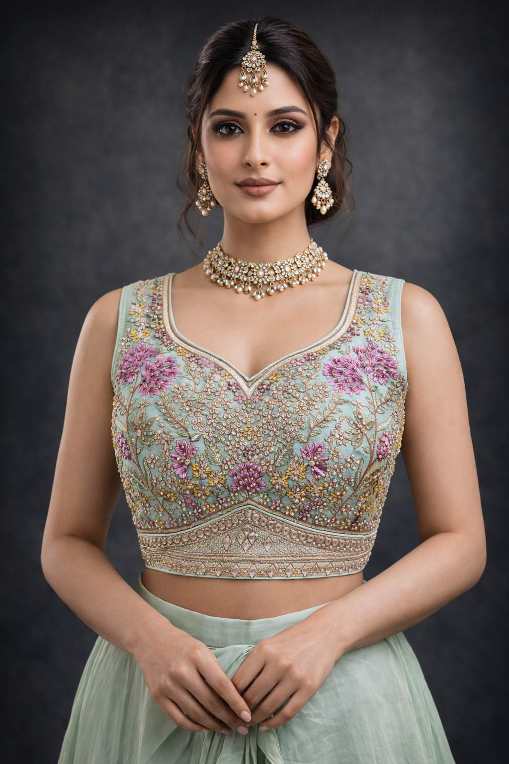 Seagreen georgete with deisgner cholli unique lehngha 3pc .