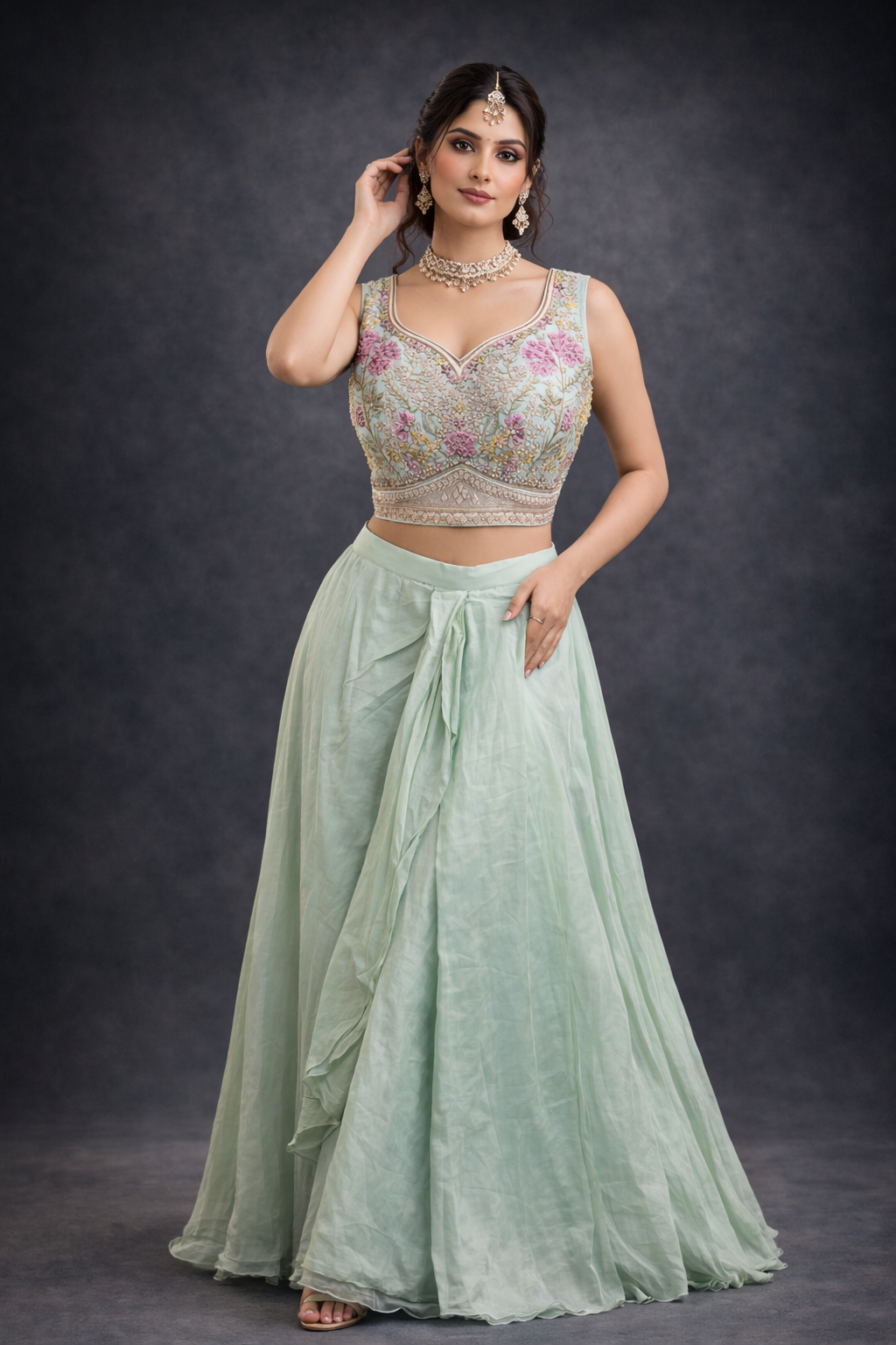 Seagreen georgete with deisgner cholli unique lehngha 3pc .