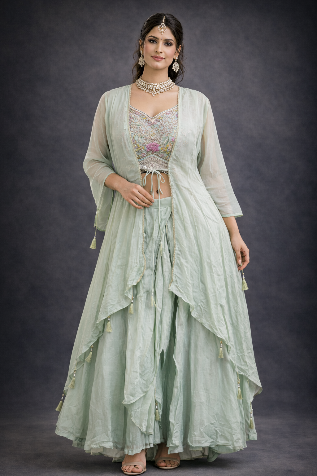 Seagreen georgete with deisgner cholli unique lehngha 3pc .