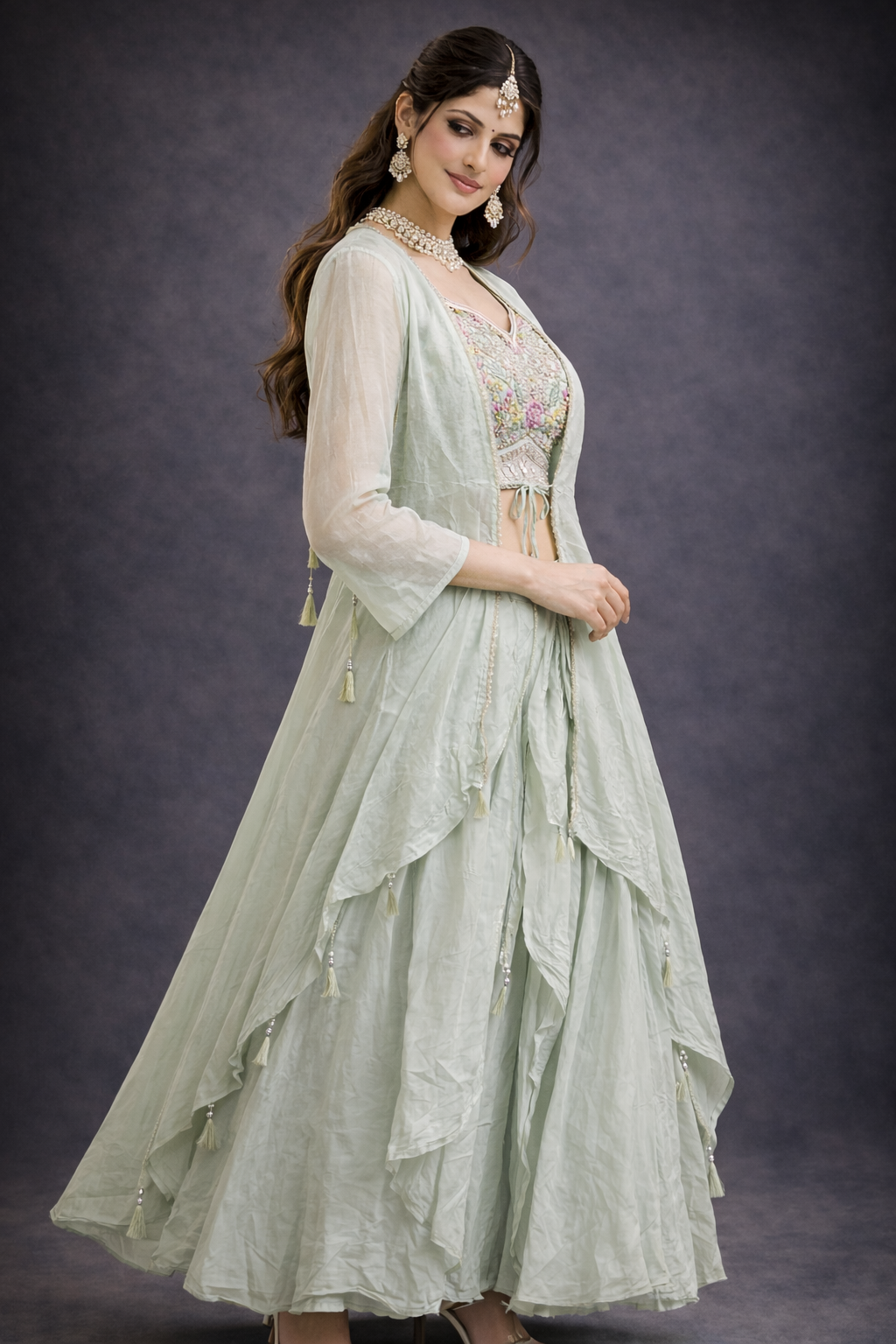 Seagreen georgete with deisgner cholli unique lehngha 3pc .
