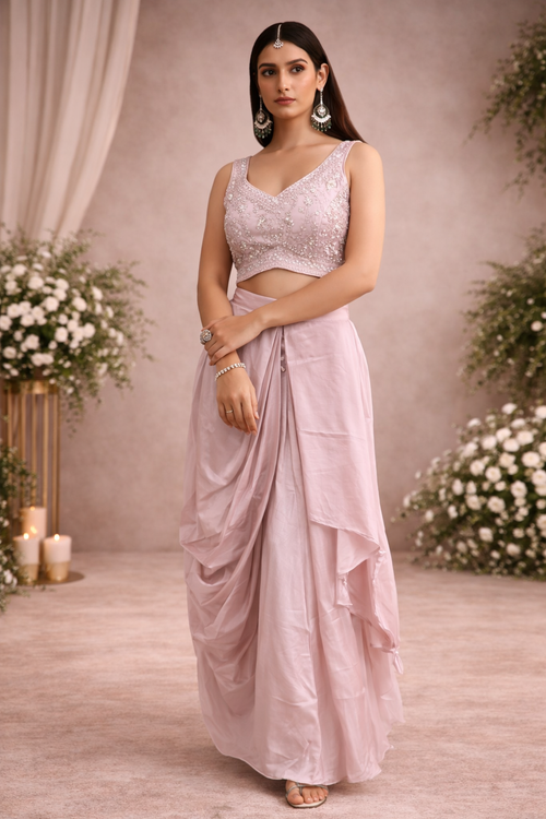 Baby Pink Georget 3pc Lehengas Cholli With Plating Lehngha
