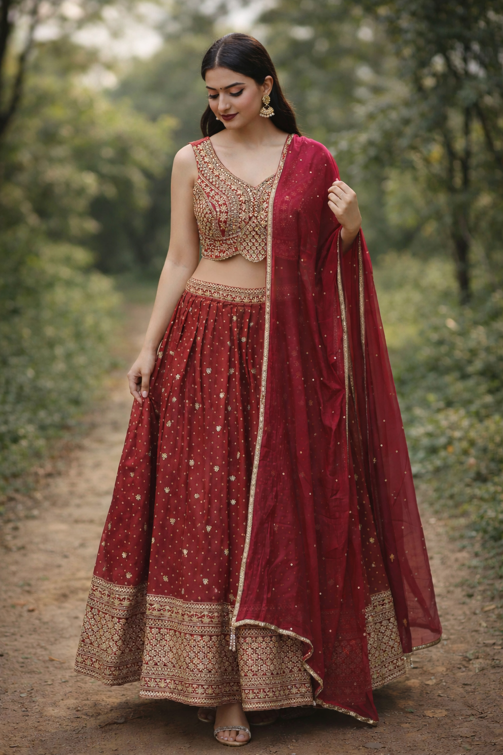 Redish Siffon Two Tone Embroidery Work Lehnghas