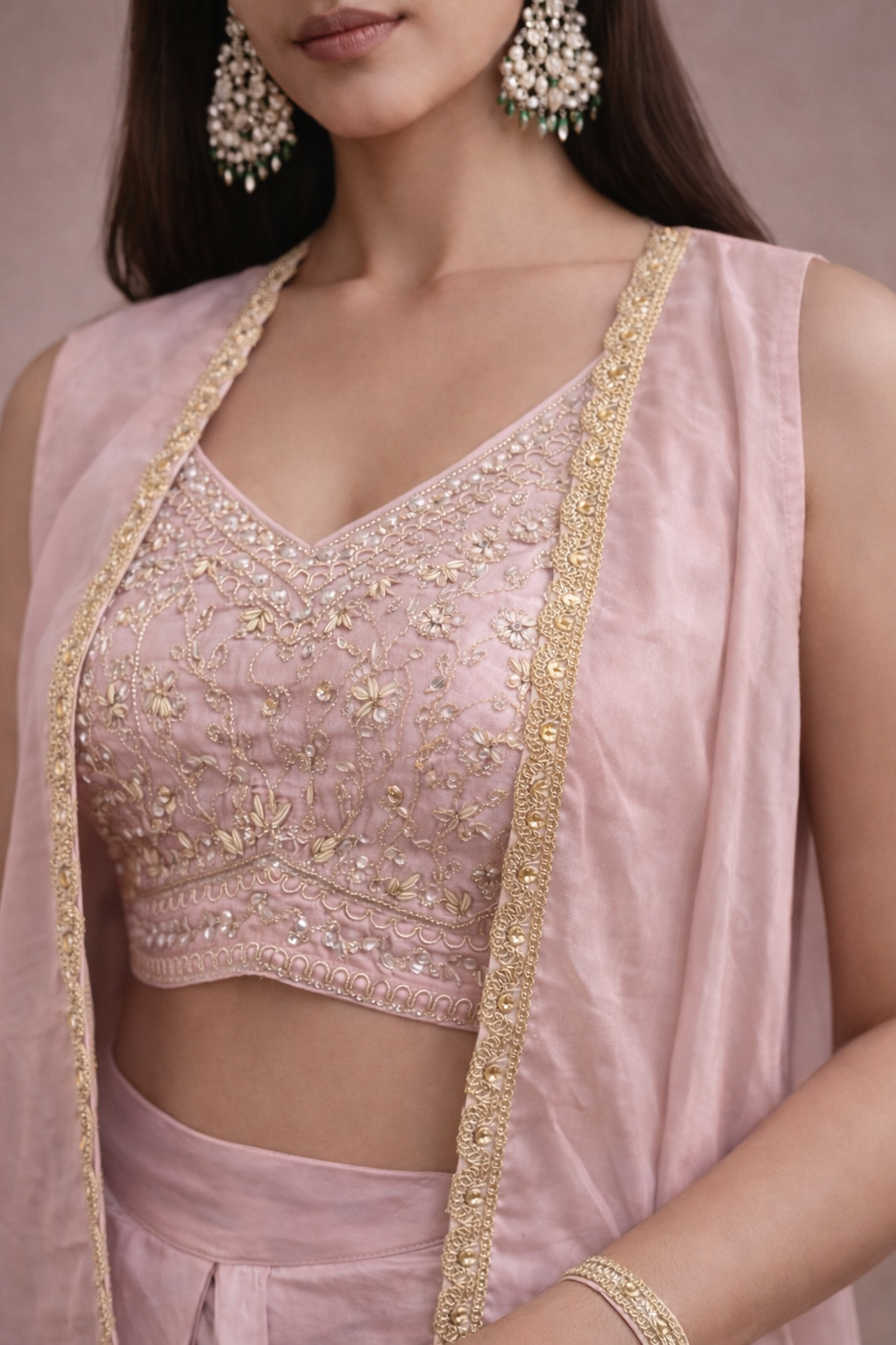 Baby Pink Georget 3pc Lehengas Cholli With Plating Lehngha