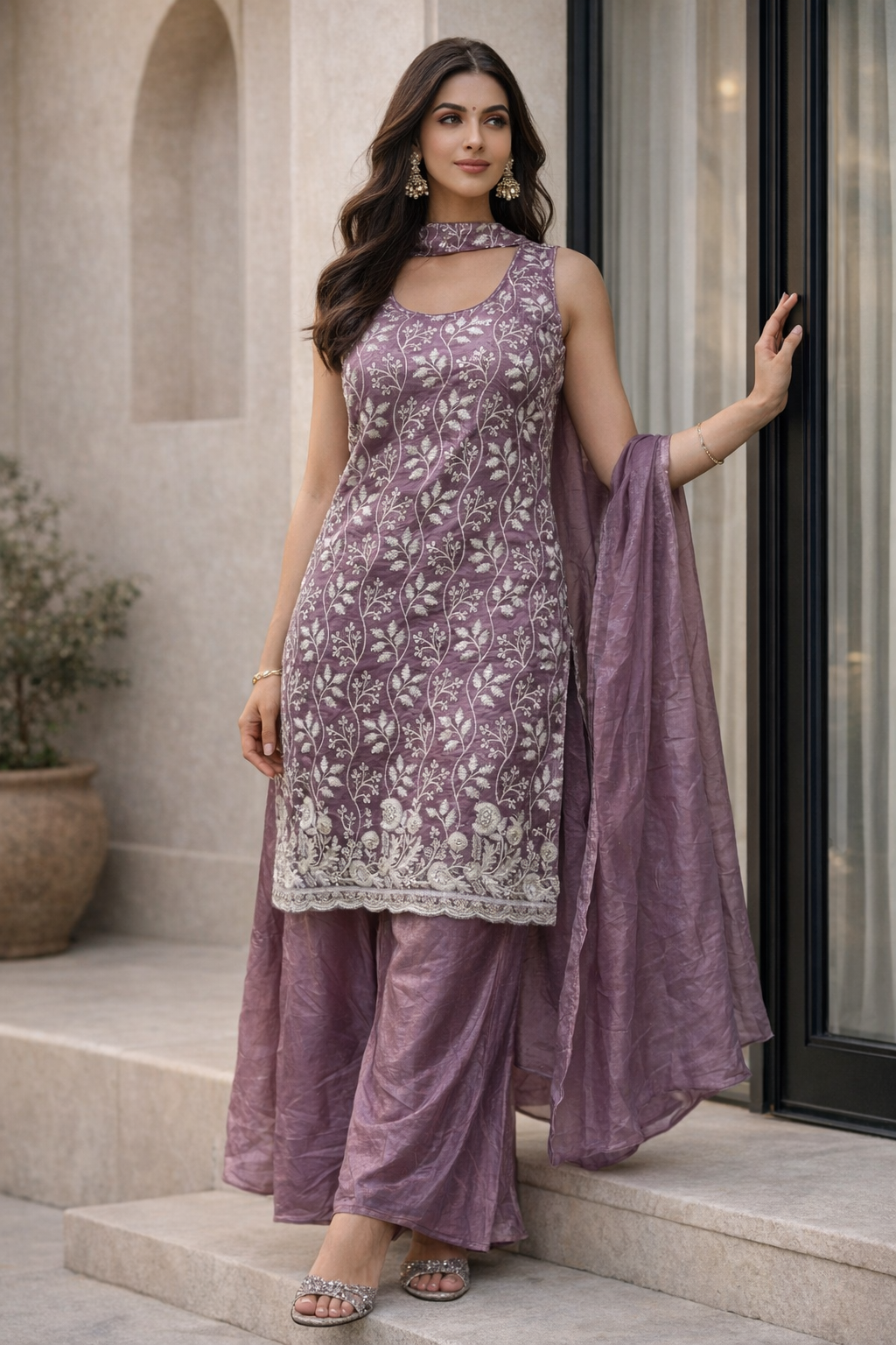 Short Top Fandy Silk With Embrodiery Suit With Plazo