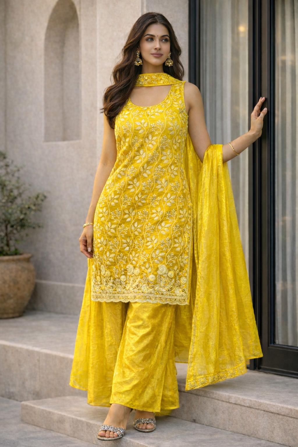 Short Top Fandy Silk With Embrodiery Suit With Plazo