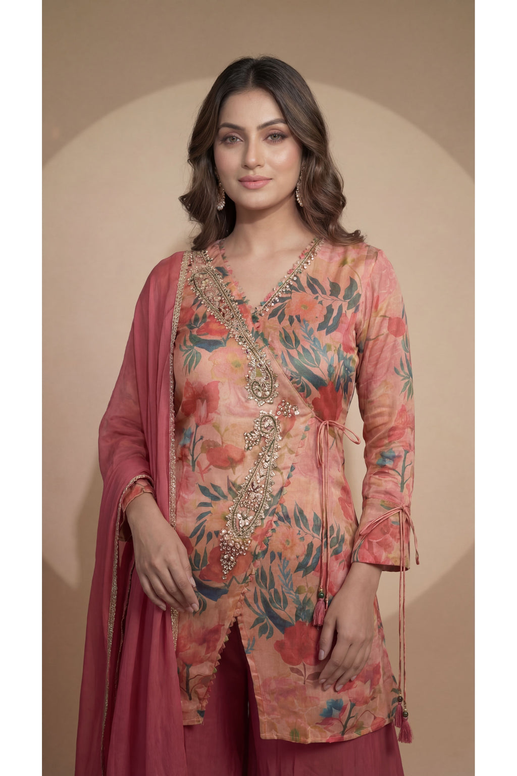 Peach Short Digital Print Suit With Plazo