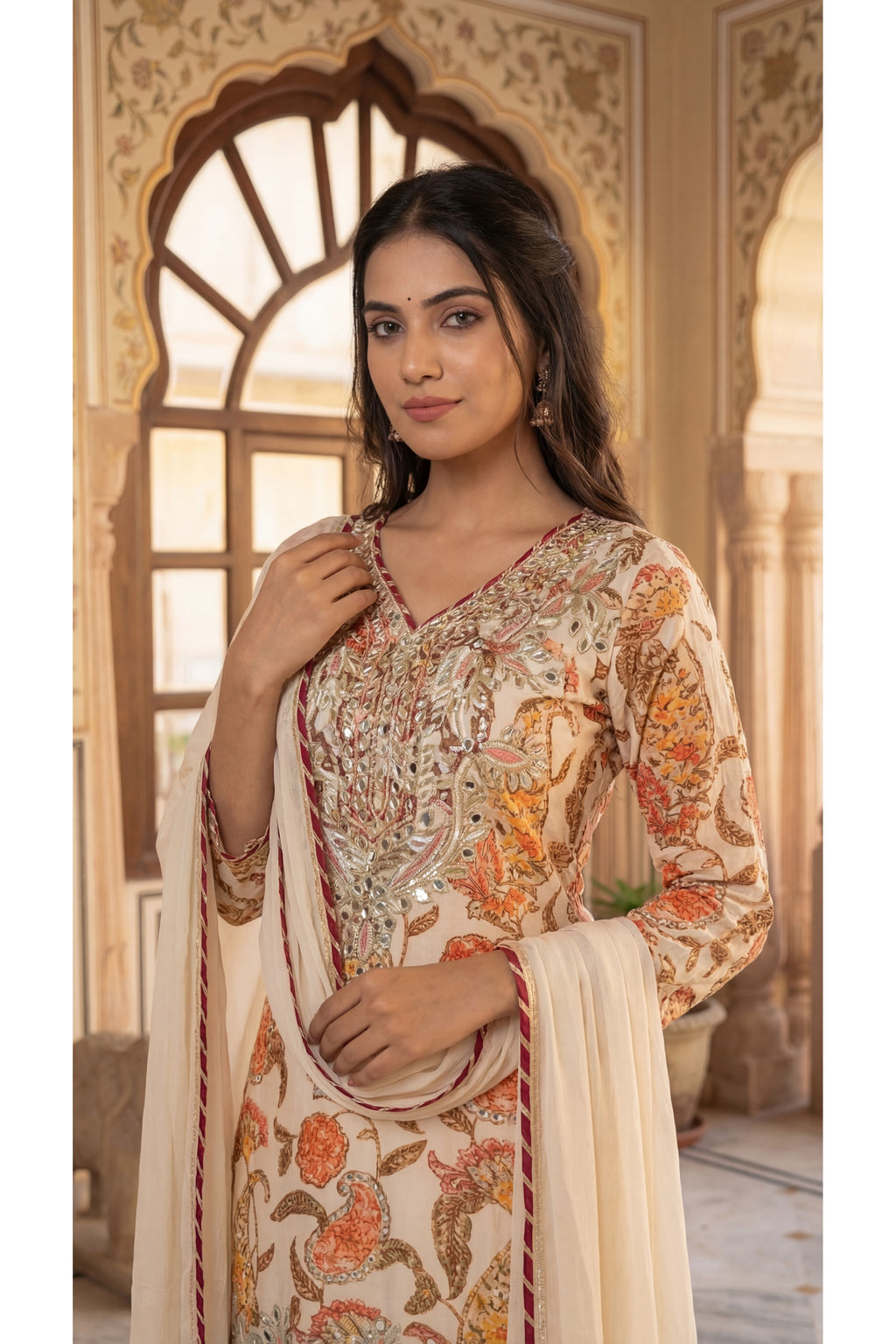 Cream Digital Print Straight Suit
