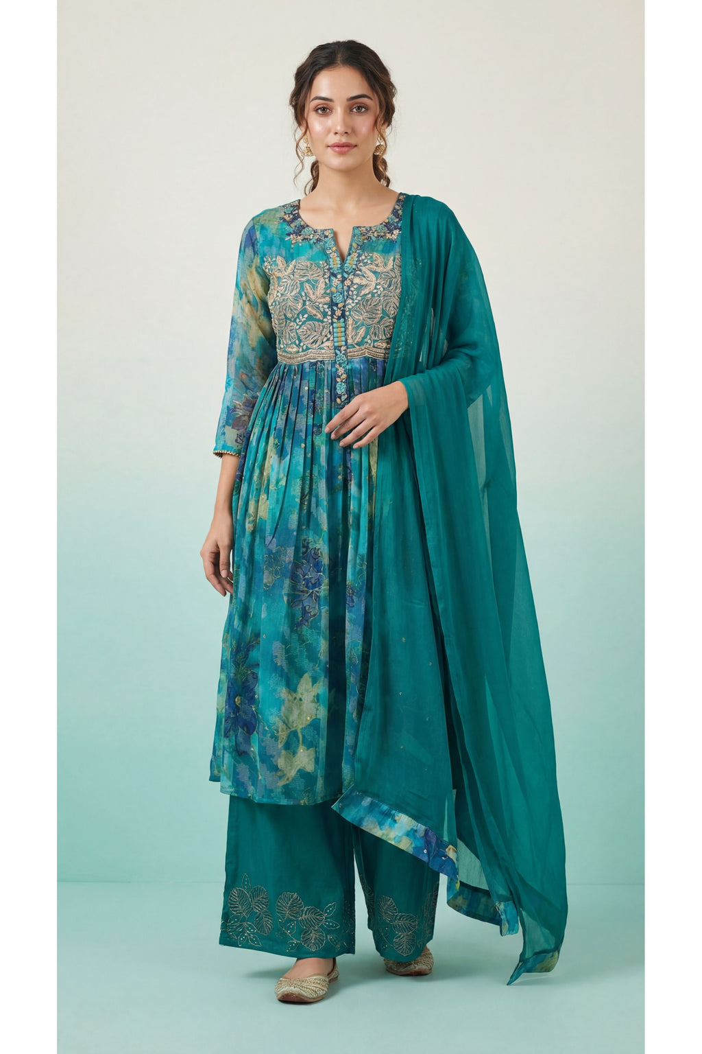 Sea Green Embroidery Suit With Plazo