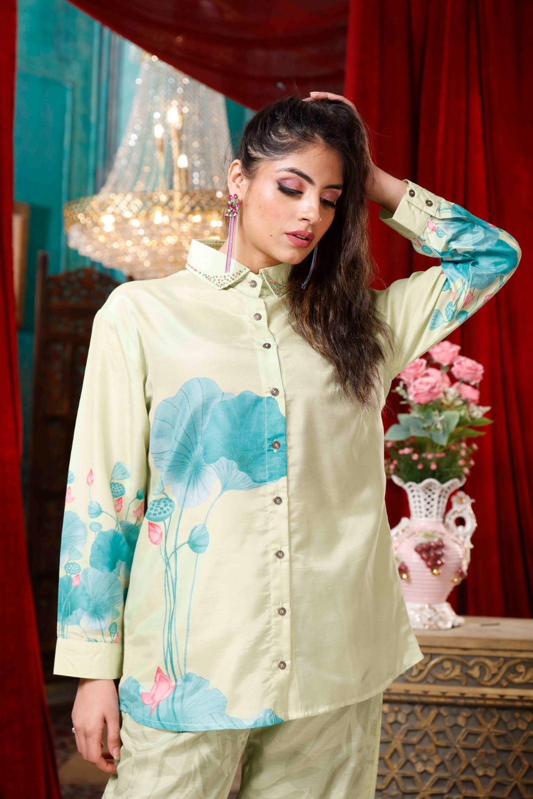 Light Yellow Cord Set with Digital Floral Print