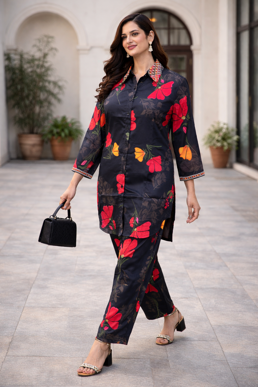 Black Multicolor Floral printed Co-ord Set