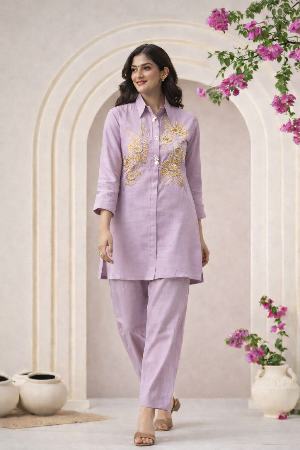 Light Lavendar Floral Embroidery Printed Co-ord Set