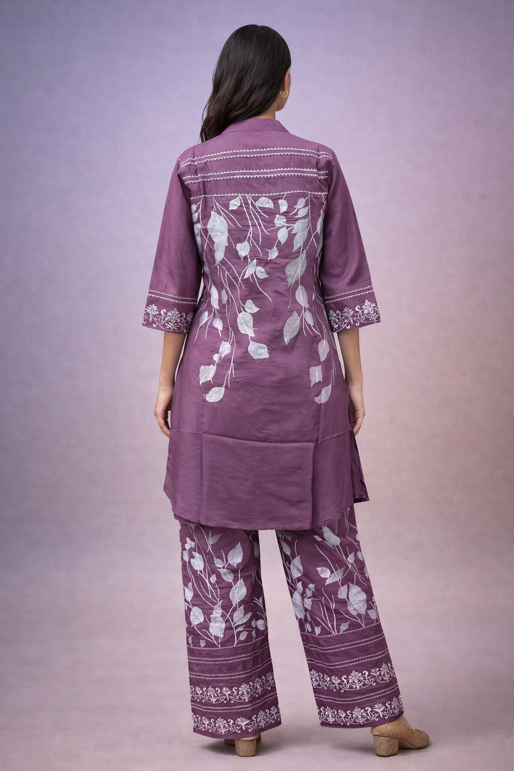 Purple Cord Set with Embroidery Floral Print