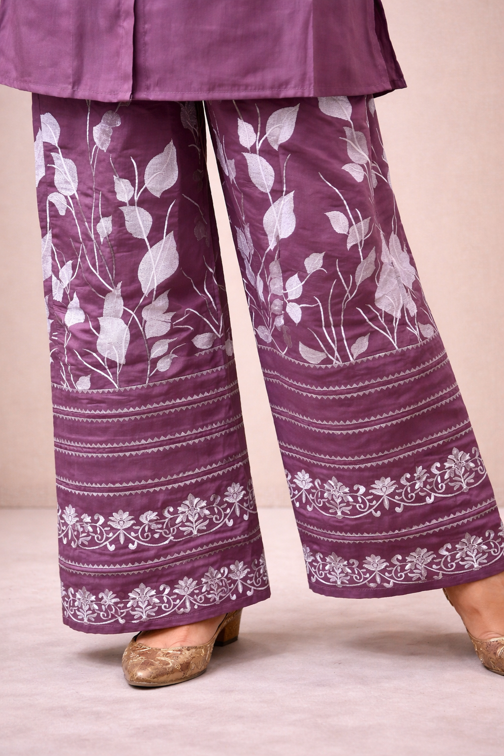 Purple Cord Set with Embroidery Floral Print