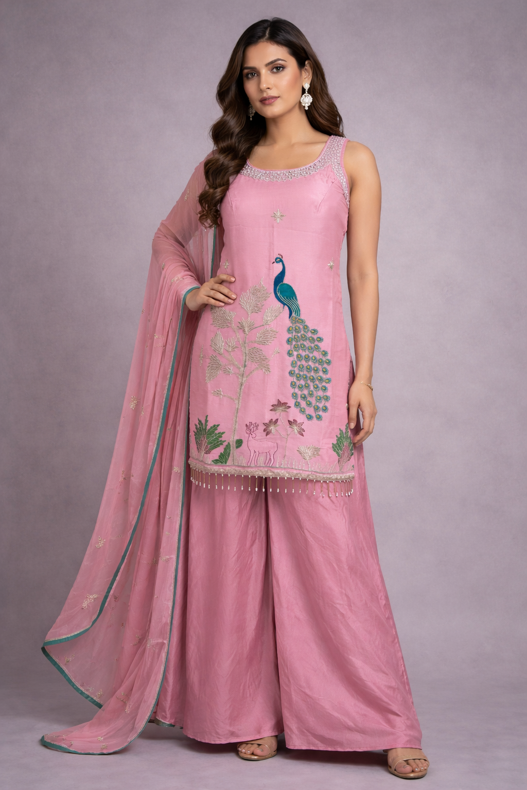 Pink Peacock Theme Embroidery Suit