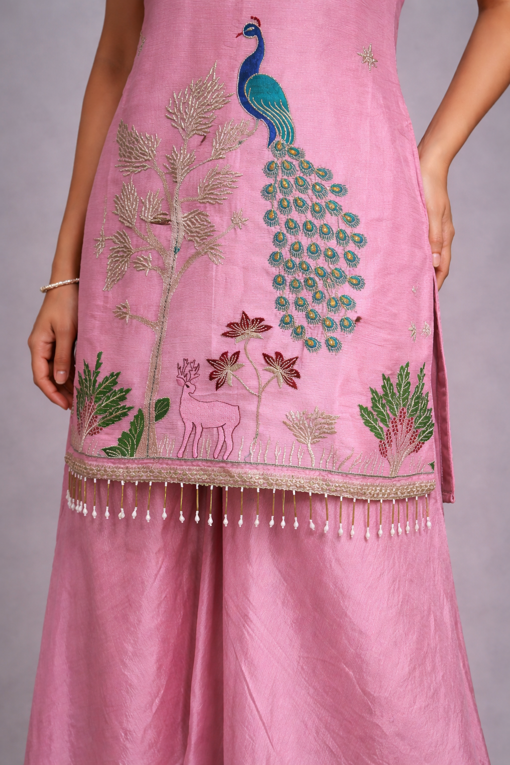 Pink Peacock Theme Embroidery Suit
